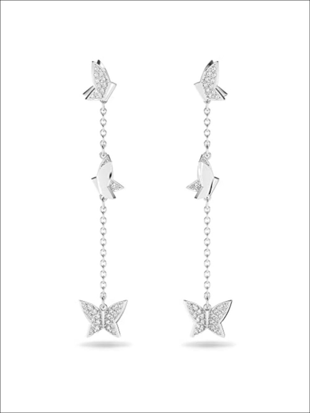 Crystal Butterfly Dangle Earrings with Detachable Chains, Pierced, Rhodium